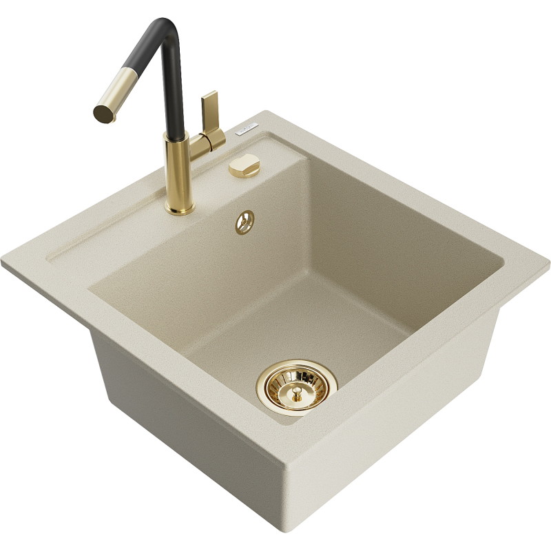 Mexen Vito granite sink with 1 bowl and Flora kitchen faucet, beige - 6503-69-670401-57-G