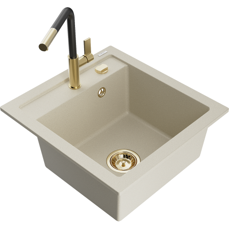 Mexen Vito 1-bowl granite kitchen sink with Flora kitchen tap, beige - 6503-69-670401-57-G