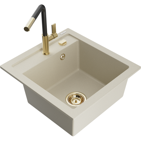 Mexen Vito granite kitchen sink 1-bowl with Flora kitchen faucet, beige - 6503-69-670401-57-G