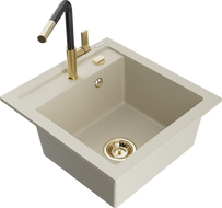 Mexen Vito granite sink with 1 bowl and Flora kitchen faucet, beige - 6503-69-670401-57-G