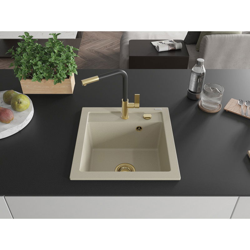 Mexen Vito 1-bowl granite kitchen sink with Flora kitchen tap, beige - 6503-69-670401-57-G