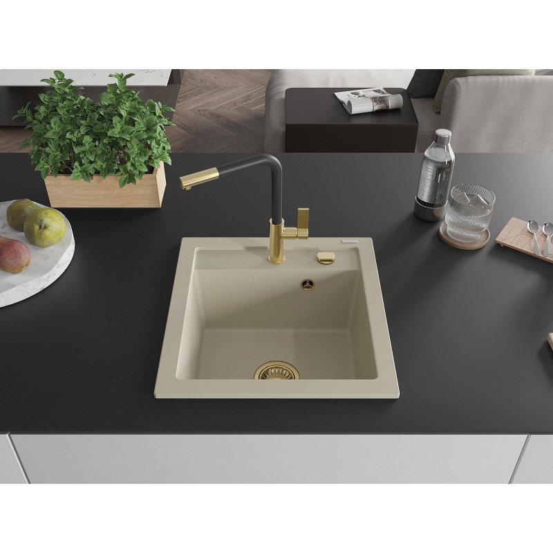 Mexen Vito granite kitchen sink 1-bowl with Flora kitchen faucet, beige - 6503-69-670401-57-G