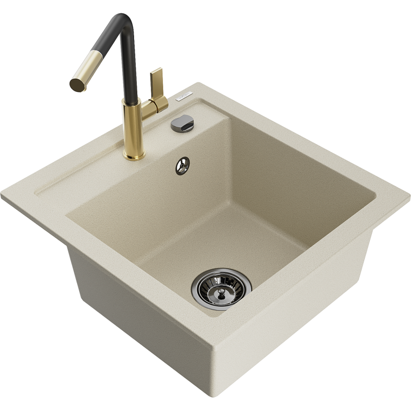 Mexen Vito 1-compartment granite sink with a kitchen mixer tap Flora, Beige - 6503-69-670401-57-B