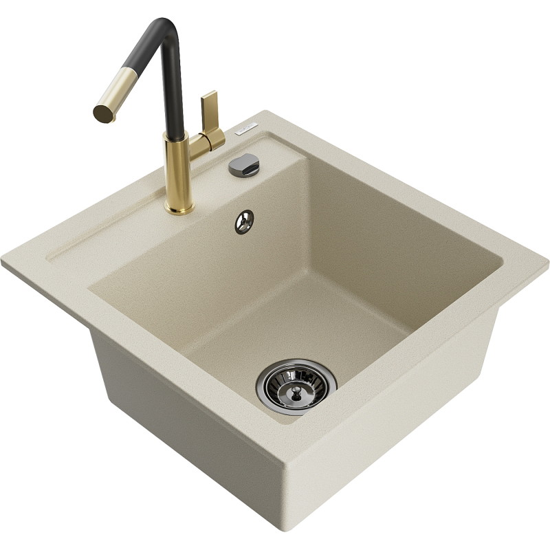 Mexen Vito granite kitchen sink 1-bowl with Flora kitchen faucet, beige - 6503-69-670401-57-B