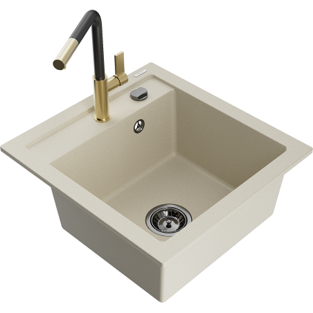 Mexen Vito 1-bowl granite kitchen sink with Flora kitchen tap, beige - 6503-69-670401-57-B
