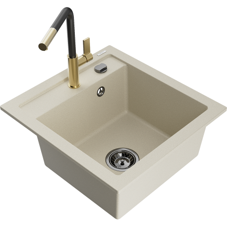 Mexen Vito granite kitchen sink 1-bowl with Flora kitchen faucet, beige - 6503-69-670401-57-B