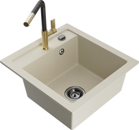 Mexen Vito 1-bowl granite sink with Flora kitchen faucet, beige - 6503-69-670401-57-B