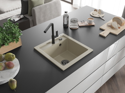 Mexen Vito 1-bowl granite sink with Flora kitchen faucet, beige - 6503-69-670401-70-B