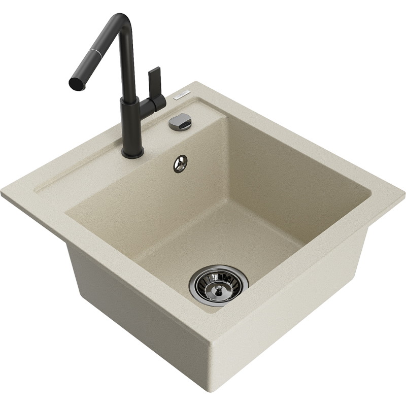 Mexen Vito 1-bowl granite sink with Flora kitchen faucet, beige - 6503-69-670401-70-B