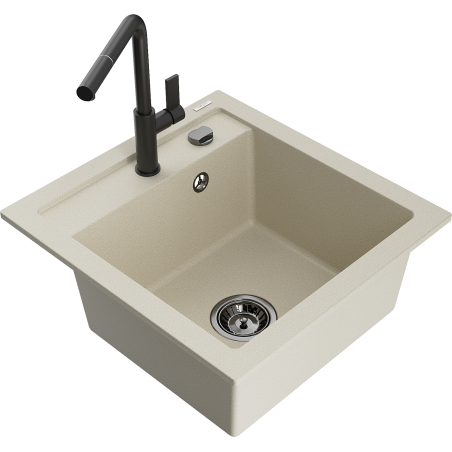 Mexen Vito 1-bowl granite sink with Flora kitchen faucet, beige - 6503-69-670401-70-B