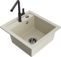 Mexen Vito 1-bowl granite sink with Flora kitchen faucet, beige - 6503-69-670401-70-B