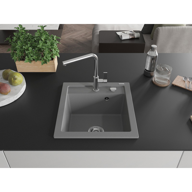 Mexen Vito 1-bowl granite sink with Flora kitchen faucet, gray - 6503-71-670401-00