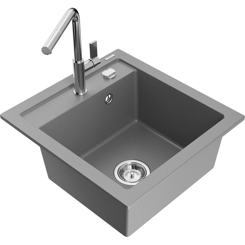 Mexen Vito 1-bowl granite sink with Flora kitchen faucet, gray - 6503-71-670401-00