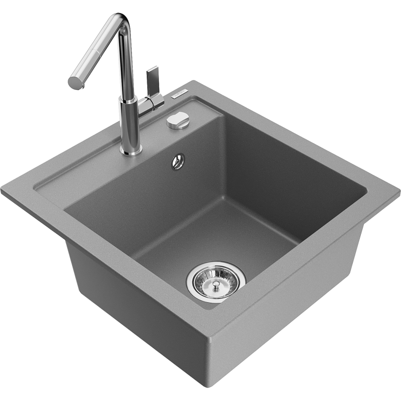 Mexen Vito 1-compartment granite sink with a kitchen mixer tap Flora, Grey - 6503-71-670401-00