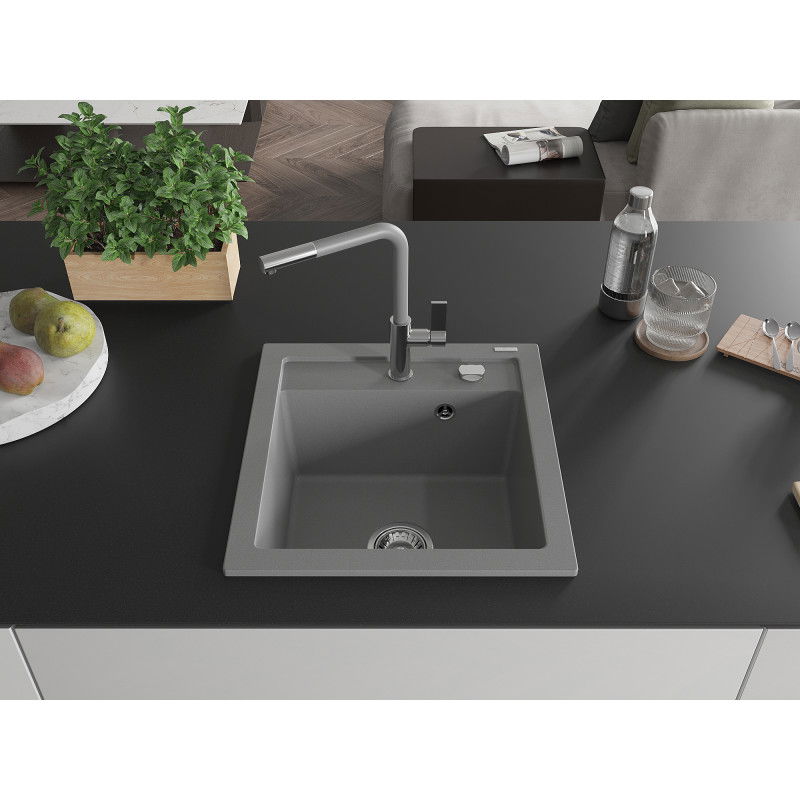 Mexen Vito 1-bowl granite kitchen sink with Flora kitchen tap, grey - 6503-71-670401-06