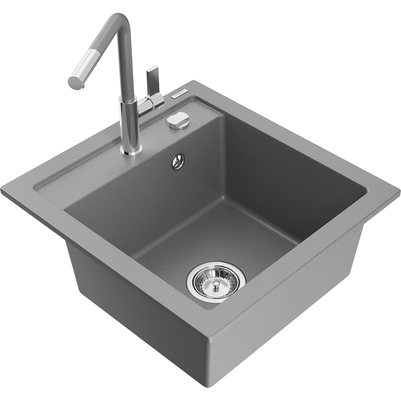 Mexen Vito 1-bowl granite kitchen sink with Flora kitchen tap, grey - 6503-71-670401-06