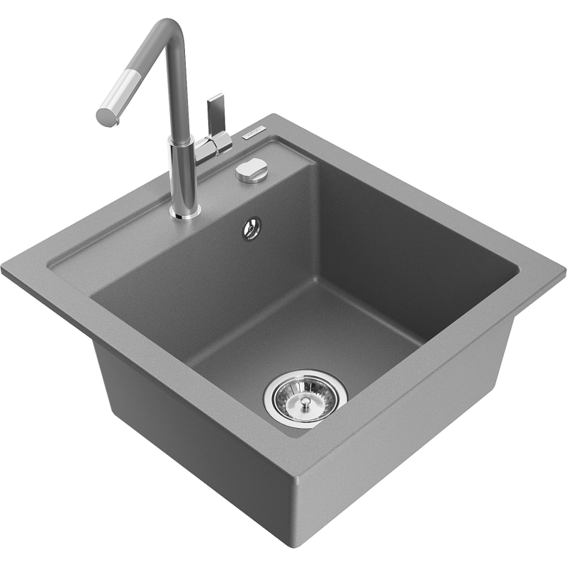 Mexen Vito 1-compartment granite sink with a kitchen mixer tap Flora, Grey - 6503-71-670401-06