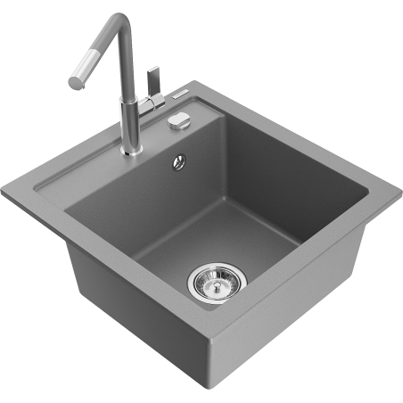 Mexen Vito 1-bowl granite kitchen sink with Flora kitchen tap, grey - 6503-71-670401-06