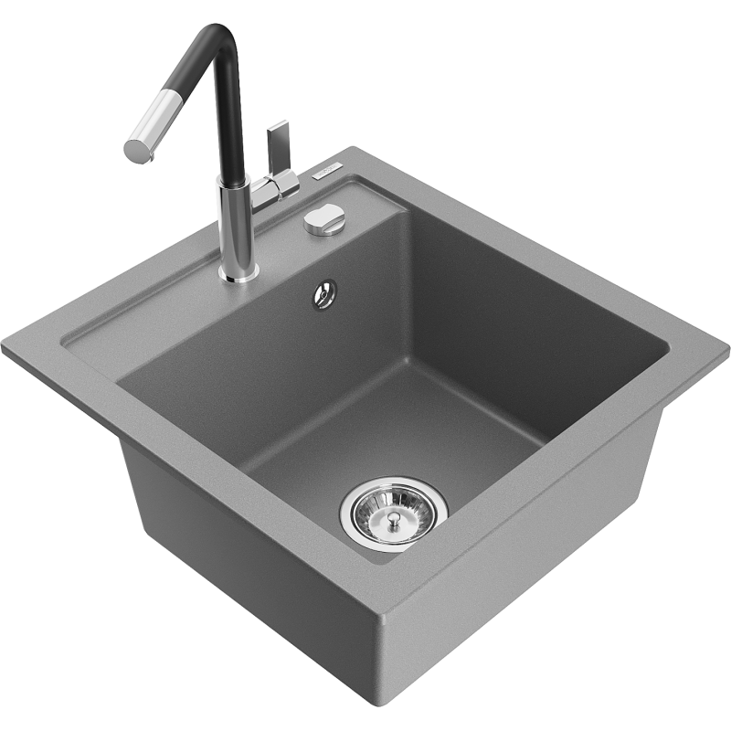 Mexen Vito 1-bowl granite sink with Flora kitchen tap, grey - 6503-71-670401-07