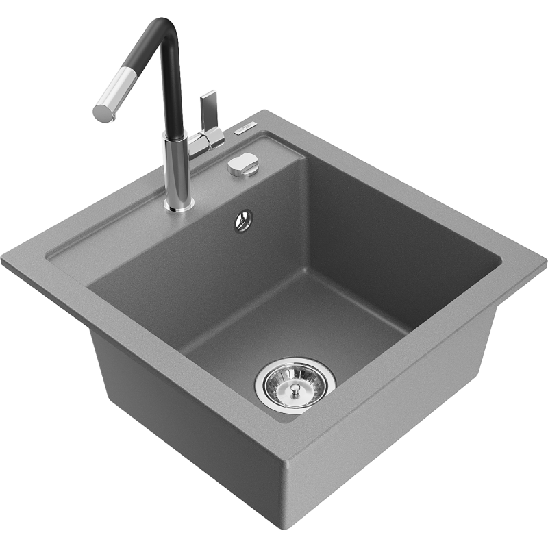 Mexen Vito 1-compartment granite sink with a kitchen mixer tap Flora, Grey - 6503-71-670401-07
