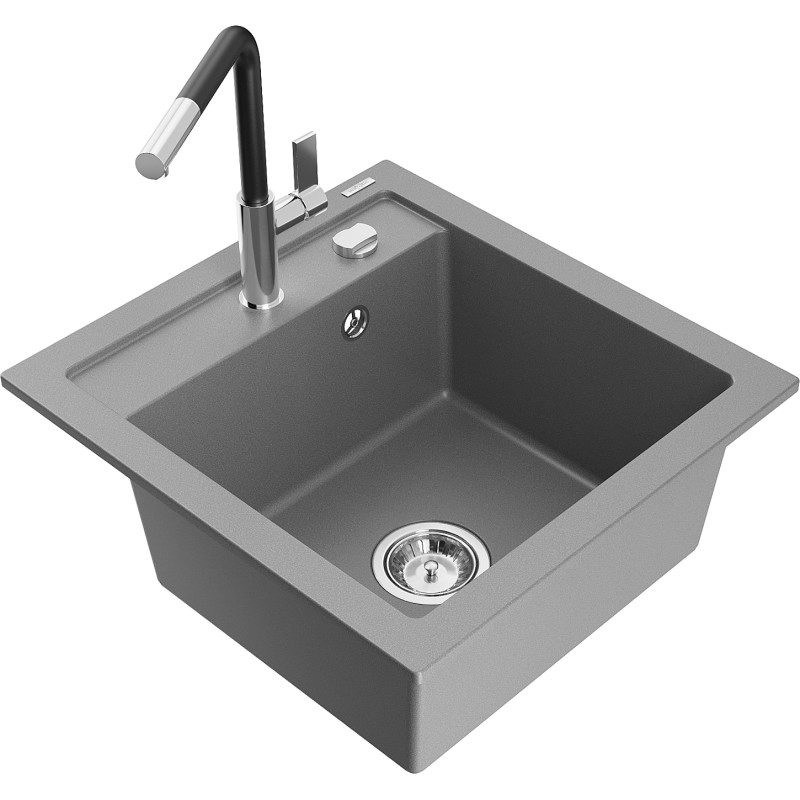 Mexen Vito granite kitchen sink with one bowl and kitchen faucet Flora, gray - 6503-71-670401-07