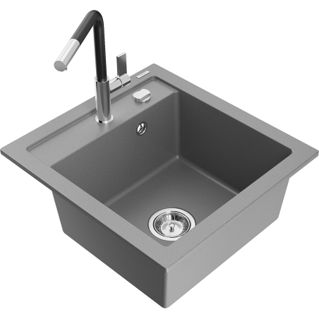 Mexen Vito granite kitchen sink single-bowl with Flora kitchen faucet, gray - 6503-71-670401-07