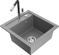 Mexen Vito granite kitchen sink single-bowl with Flora kitchen faucet, gray - 6503-71-670401-07