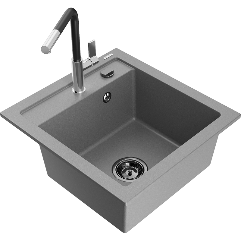 Mexen Vito 1-compartment granite sink with a kitchen mixer tap Flora, Grey - 6503-71-670401-07-B