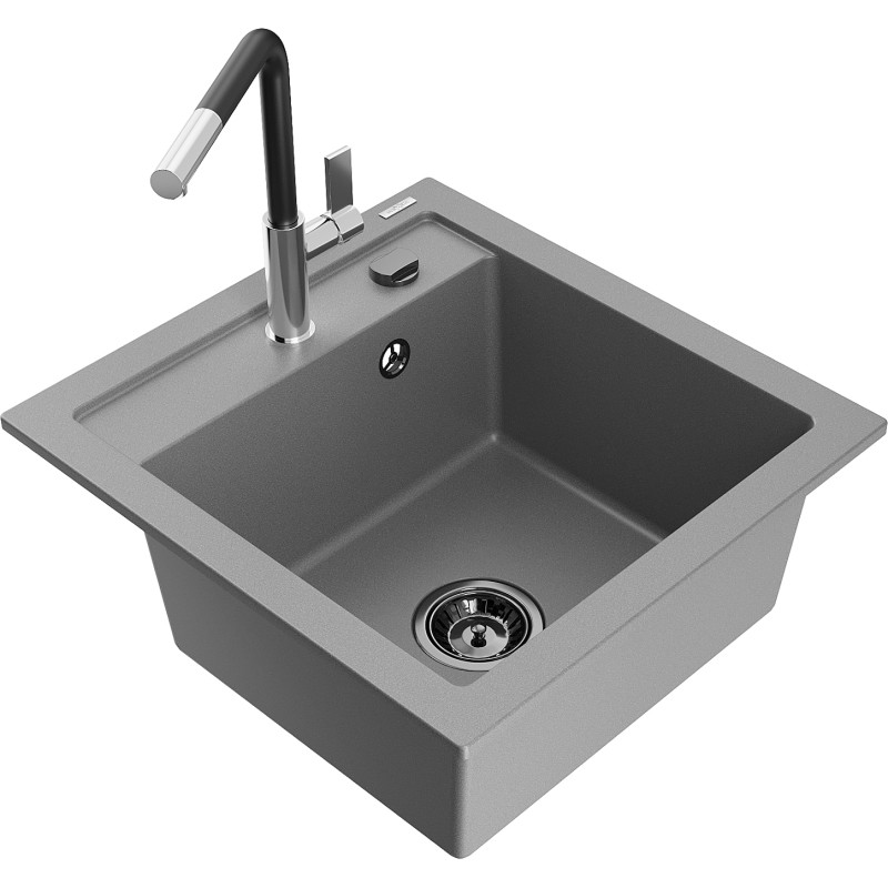 Mexen Vito granite sink with 1 basin and Flora kitchen faucet, gray - 6503-71-670401-07-B