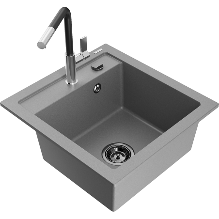 Mexen Vito 1-compartment granite sink with a kitchen mixer tap Flora, Grey - 6503-71-670401-07-B