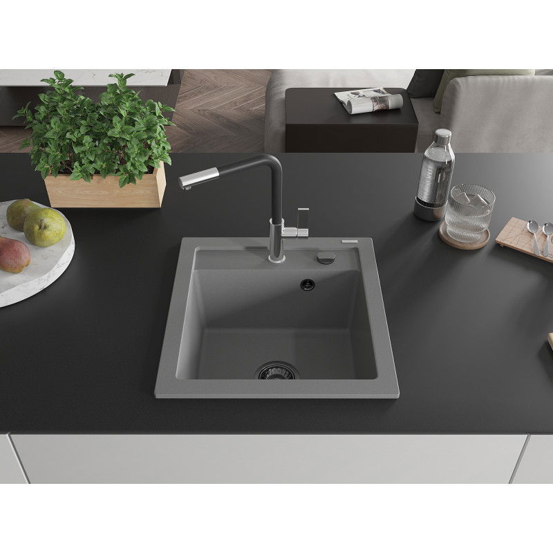 Mexen Vito granite sink 1-bowl with Flora kitchen tap, grey - 6503-71-670401-07-B