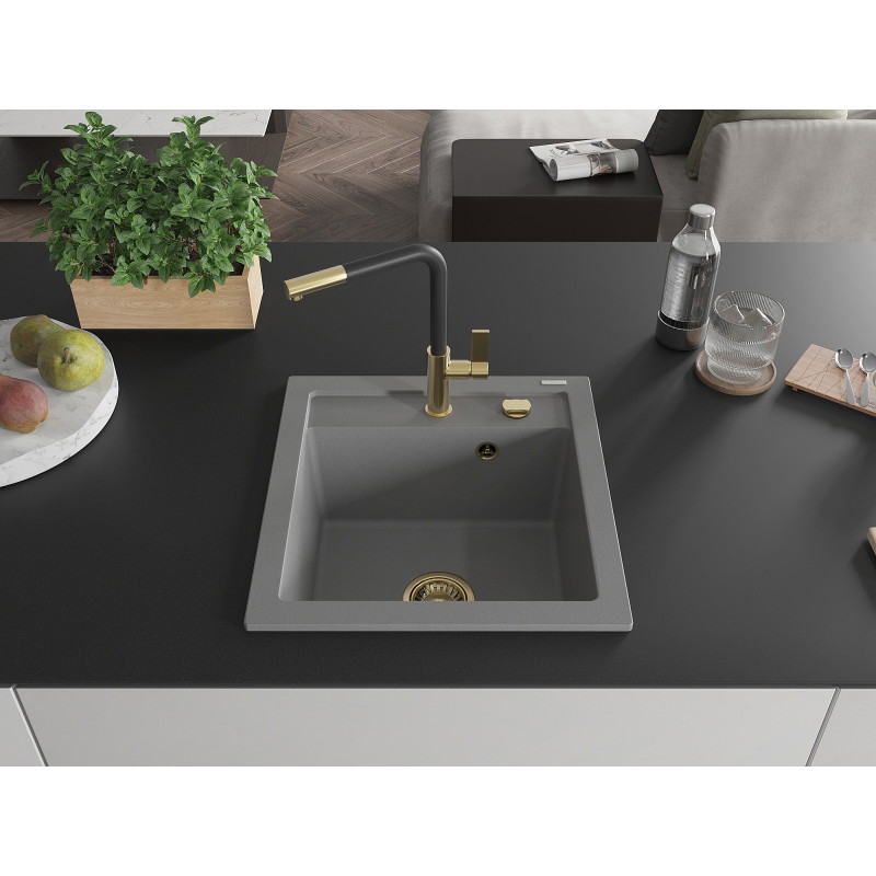 Mexen Vito 1-bowl granite sink with Flora kitchen faucet, gray - 6503-71-670401-57-G