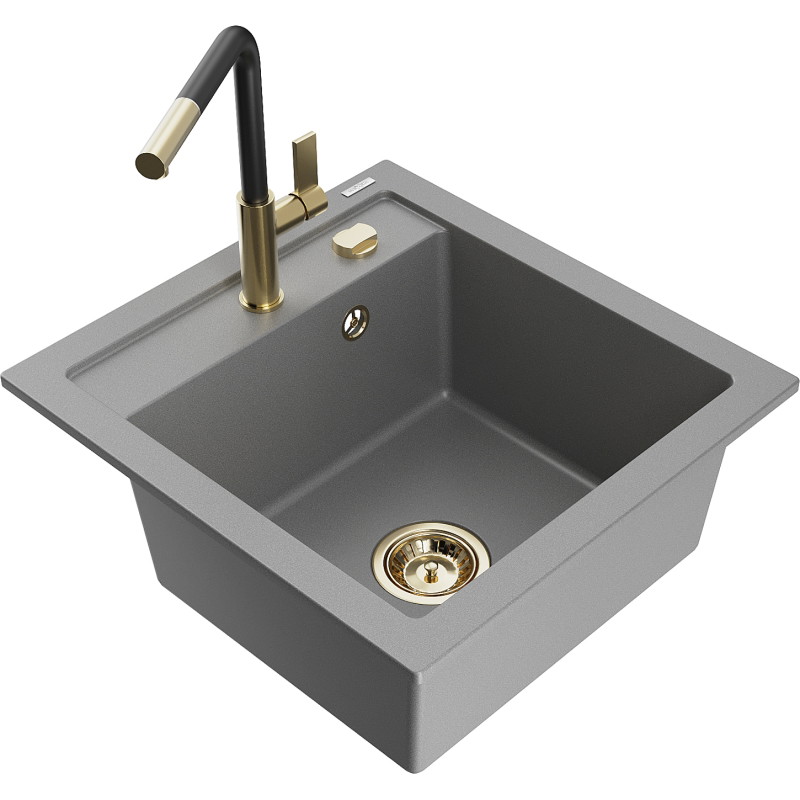 Mexen Vito 1-bowl granite sink with Flora kitchen faucet, gray - 6503-71-670401-57-G