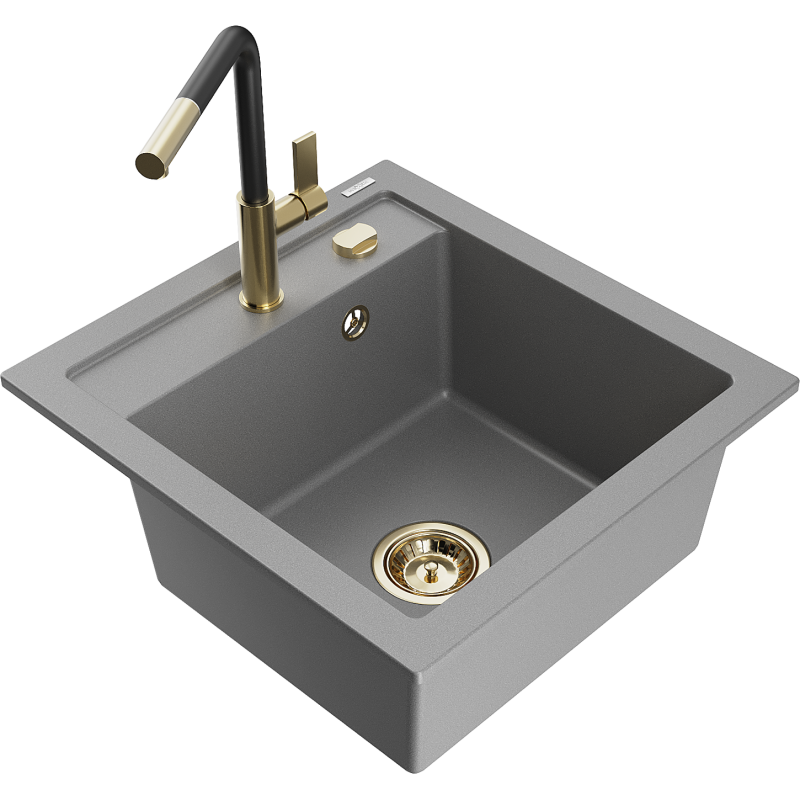 Mexen Vito 1-compartment granite sink with a kitchen mixer tap Flora, Grey - 6503-71-670401-57-G