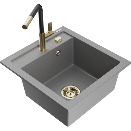 Mexen Vito 1-bowl granite sink with Flora kitchen faucet, gray - 6503-71-670401-57-G