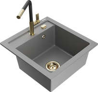 Mexen Vito granite 1-bowl kitchen sink with Flora kitchen faucet, gray - 6503-71-670401-57-G