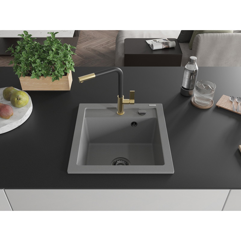 Mexen Vito 1-bowl granite sink with Flora kitchen faucet, gray - 6503-71-670401-57-B