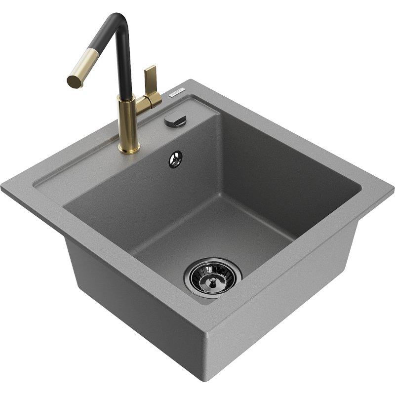 Mexen Vito 1-compartment granite sink with a kitchen mixer tap Flora, Grey - 6503-71-670401-57-B