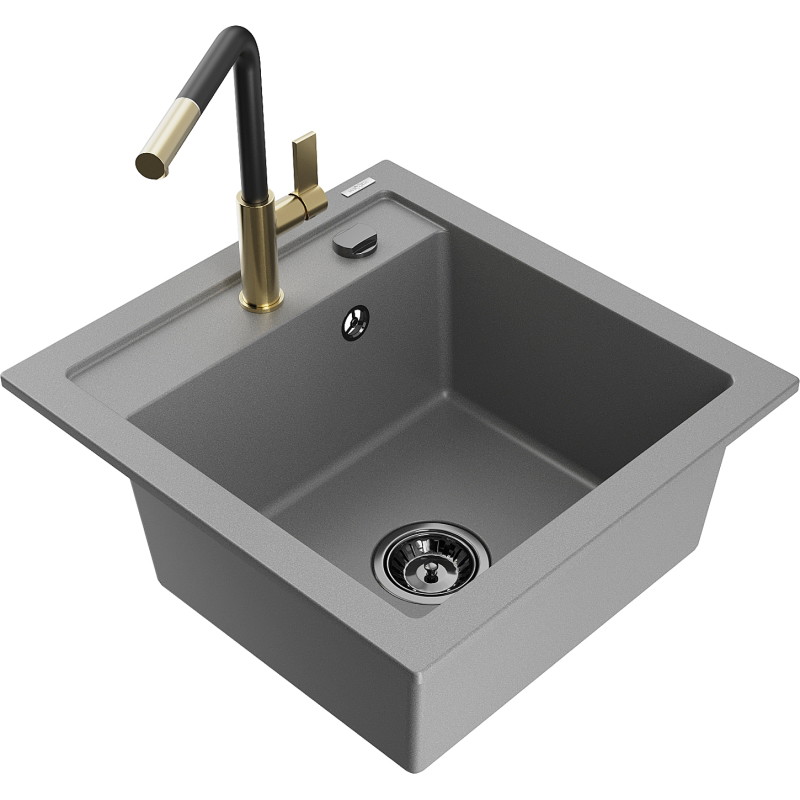 Mexen Vito granite kitchen sink 1-bowl with Flora kitchen faucet, gray - 6503-71-670401-57-B