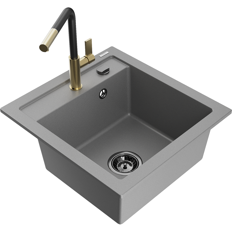 Mexen Vito Granite Single-Bowl Sink with Flora Kitchen Tap, Grey - 6503-71-670401-57-B