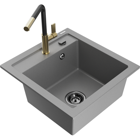 Mexen Vito 1-compartment granite sink with a kitchen mixer tap Flora, Grey - 6503-71-670401-57-B