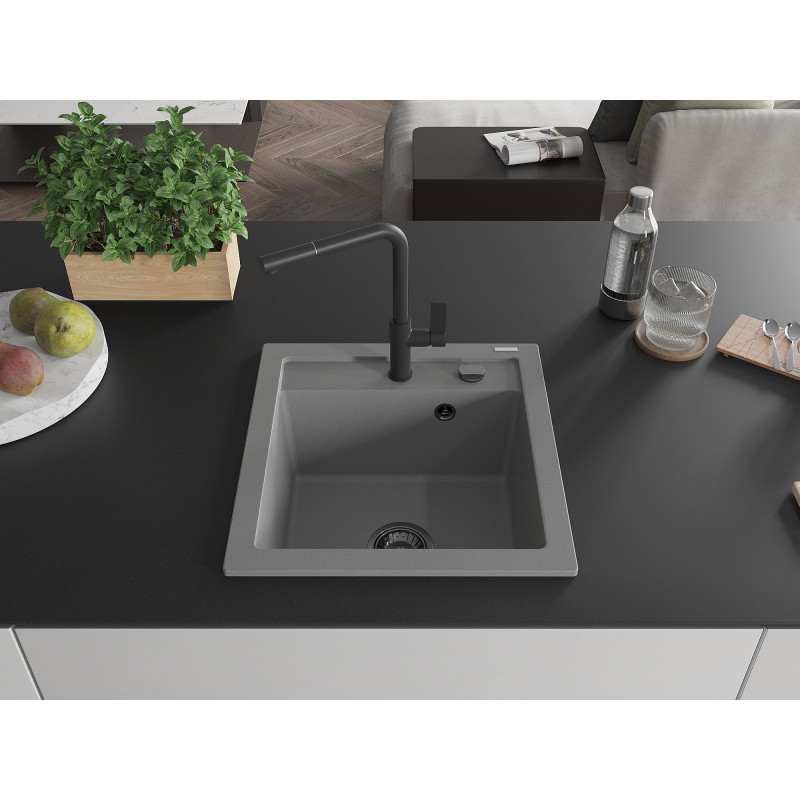 Mexen Vito granite kitchen sink 1-bowl with Flora kitchen faucet, gray - 6503-71-670401-70-B