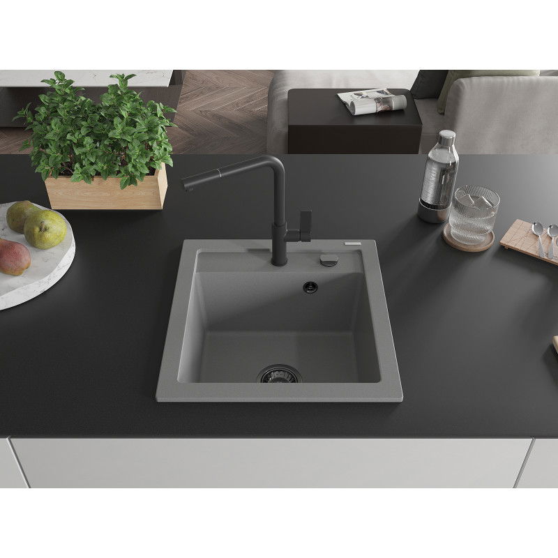 Mexen Vito Granite Kitchen Sink 1-Bowl with Flora Kitchen Tap, Grey - 6503-71-670401-70-B