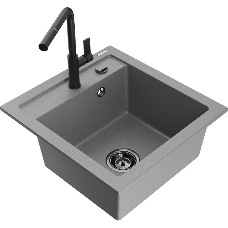 Mexen Vito 1-bowl granite sink with Flora kitchen faucet, gray - 6503-71-670401-70-B