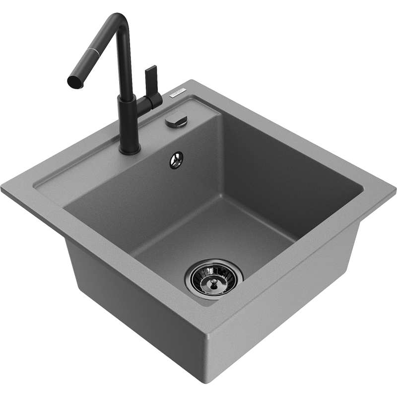 Mexen Vito Granite Kitchen Sink 1-Bowl with Flora Kitchen Tap, Grey - 6503-71-670401-70-B