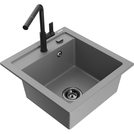 Mexen Vito Granite Kitchen Sink 1-Bowl with Flora Kitchen Tap, Grey - 6503-71-670401-70-B