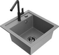 Mexen Vito 1-bowl granite sink with Flora kitchen faucet, gray - 6503-71-670401-70-B