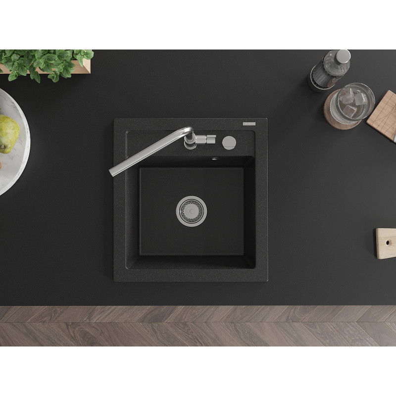Mexen Vito 1-bowl granite sink with Flora kitchen tap, black/silver metallic - 6503-73-670401-00