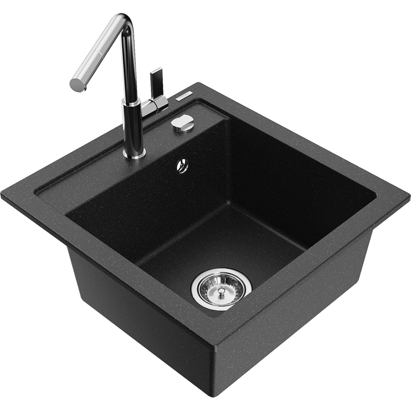 Mexen Vito 1-bowl granite sink with Flora kitchen tap, black/silver metallic - 6503-73-670401-00