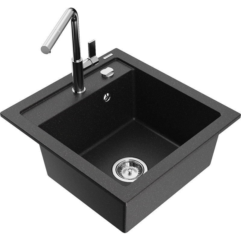 Mexen Vito 1-compartment granite sink with a kitchen mixer tap Flora, Black/Silver metallic - 6503-73-670401-00